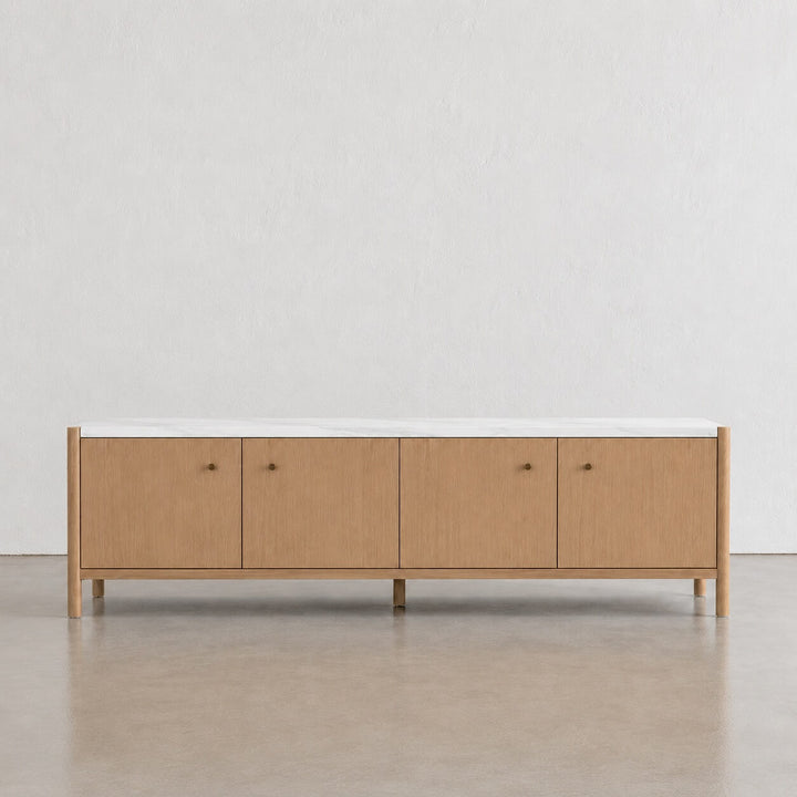 BRANZANO ENTERTAINMENT UNIT  |  BIRCH ASH WOOD GRAIN |  CARRARA WHITE CERAMIC TOP