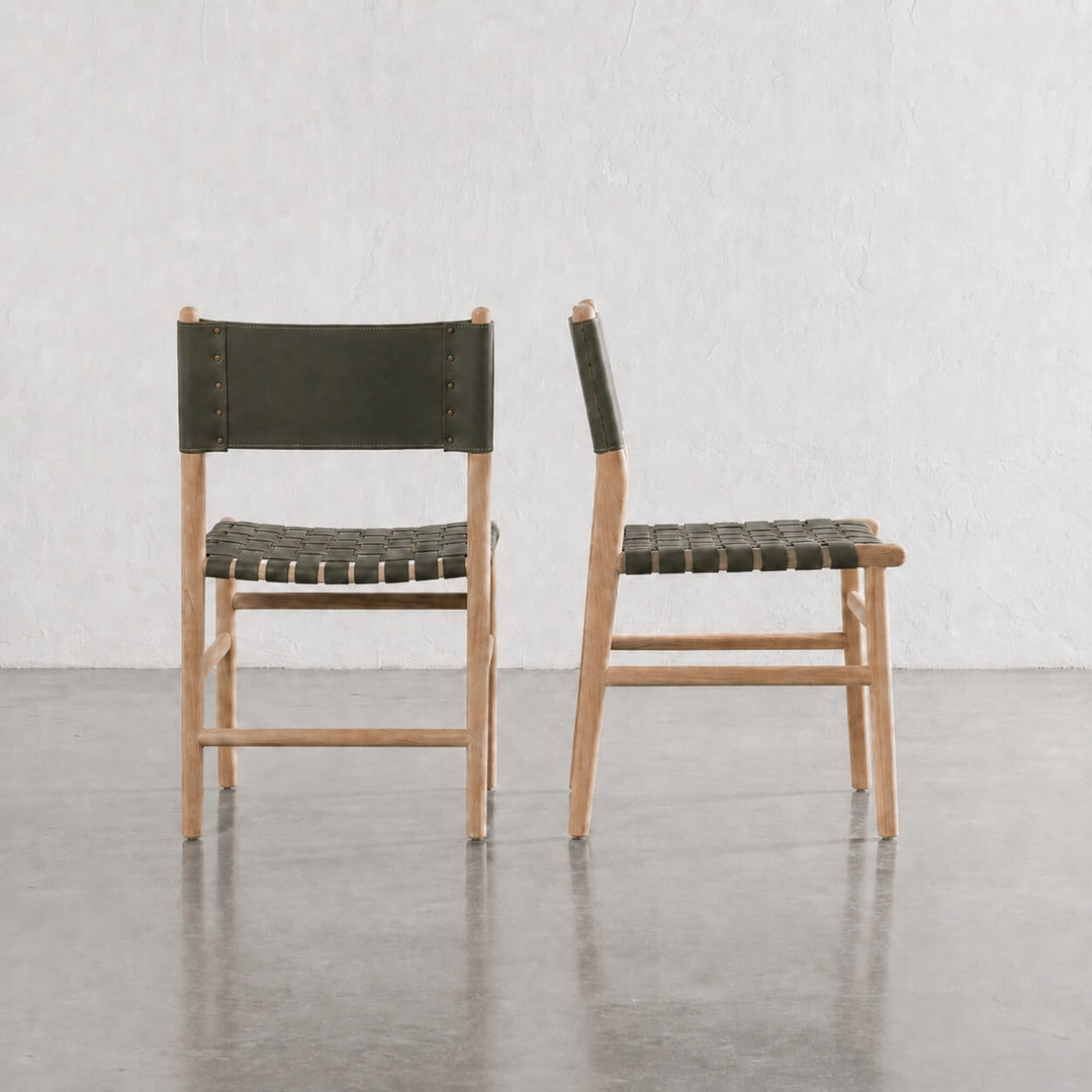 BREDENE WOVEN LEATHER DINING CHAIR  |  OLIVE MOSS LEATHER + BLONDE WOOD