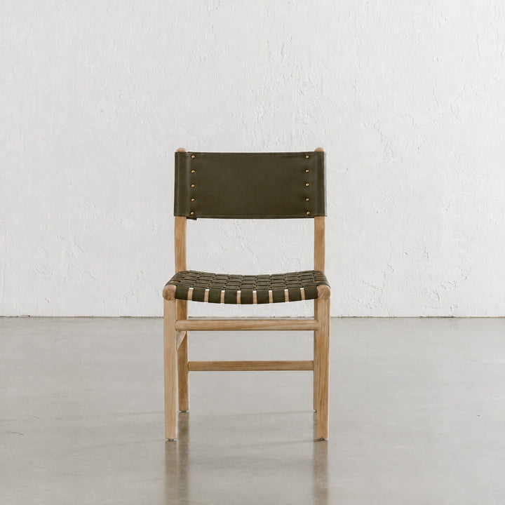 BREDENE WOVEN LEATHER DINING CHAIR  |  OLIVE MOSS LEATHER + BLONDE WOOD