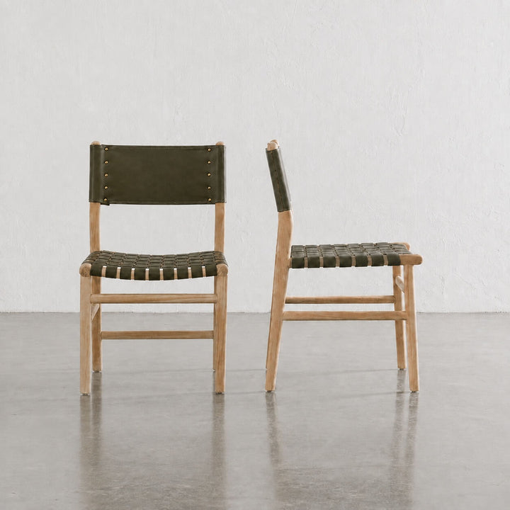 BREDENE WOVEN LEATHER DINING CHAIR  |  OLIVE MOSS LEATHER + BLONDE WOOD