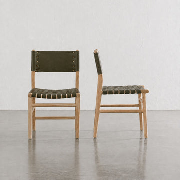 BREDENE WOVEN LEATHER DINING CHAIR  |  OLIVE MOSS LEATHER + BLONDE WOOD