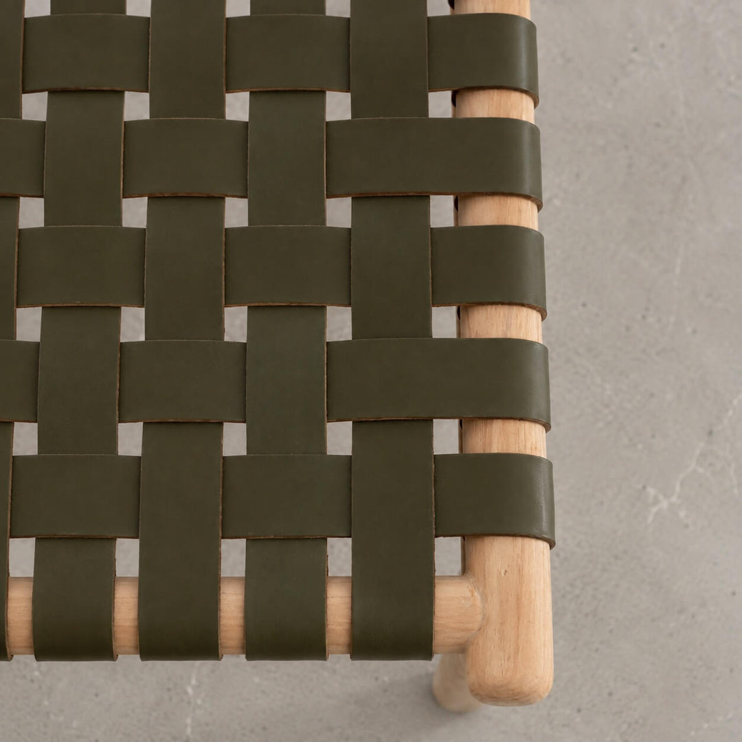 BREDENE WOVEN LEATHER DINING CHAIR  |  OLIVE MOSS LEATHER + BLONDE WOOD