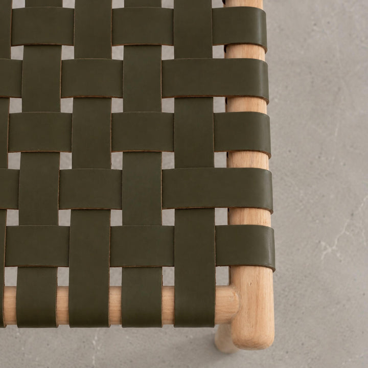 BREDENE WOVEN LEATHER DINING CHAIR  |  OLIVE MOSS LEATHER + BLONDE WOOD