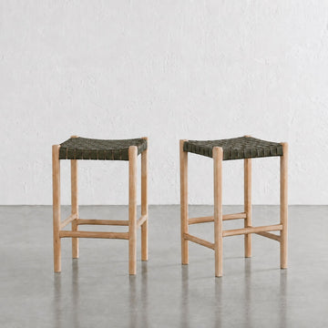 BREDENE WOVEN LEATHER COUNTER STOOL  |  OLIVE MOSS + BLONDE WOOD