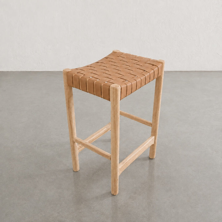 BREDENE WOVEN LEATHER COUNTER STOOL  |  TAUPE STONE + BLONDE WOOD