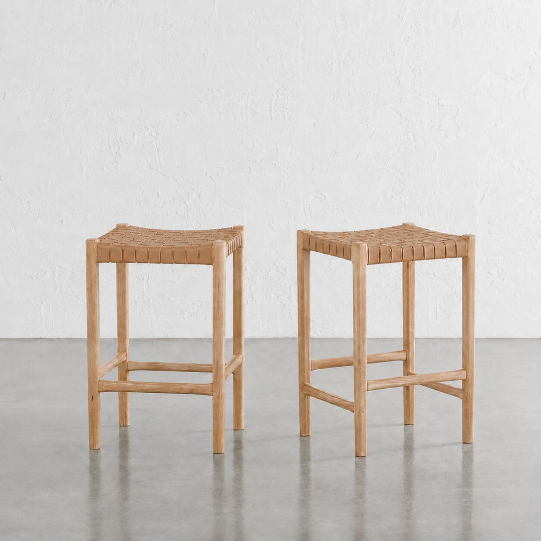 BREDENE WOVEN LEATHER COUNTER STOOL  |  TAUPE STONE + BLONDE WOOD