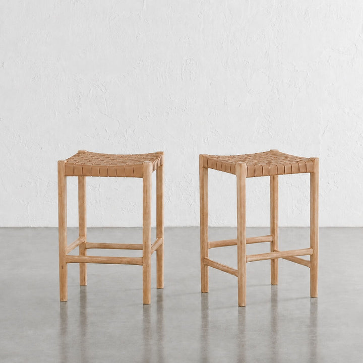BREDENE WOVEN LEATHER COUNTER STOOL  |  TAUPE STONE + BLONDE WOOD