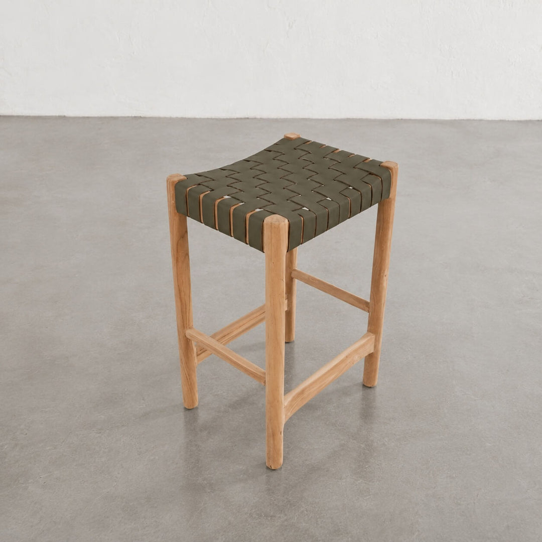BREDENE WOVEN LEATHER COUNTER STOOL  |  OLIVE MOSS + BLONDE WOOD