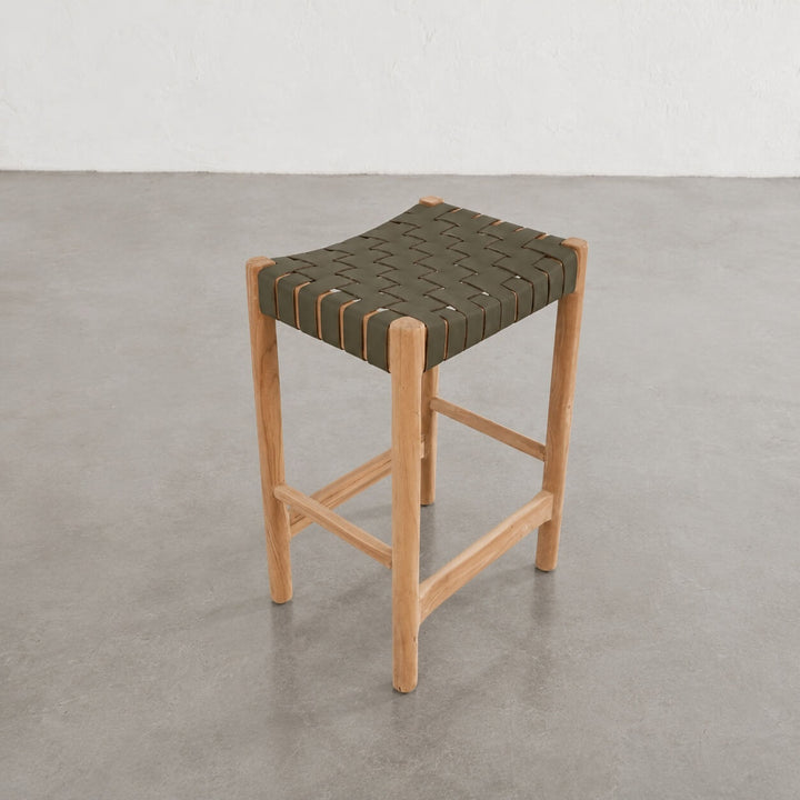 BREDENE WOVEN LEATHER COUNTER STOOL  |  OLIVE MOSS + BLONDE WOOD