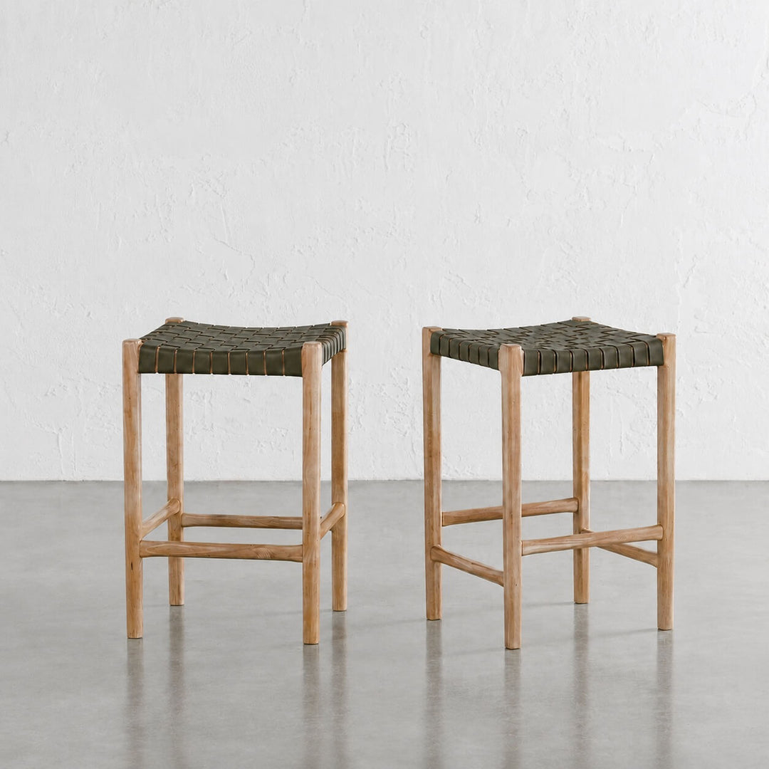 BREDENE WOVEN LEATHER COUNTER STOOL  |  OLIVE MOSS + BLONDE WOOD