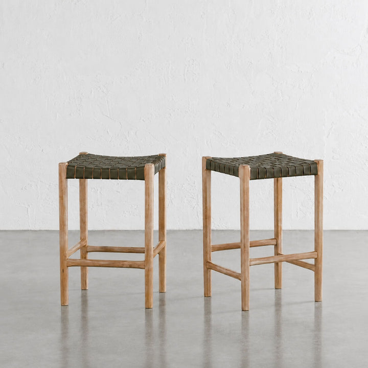 BREDENE WOVEN LEATHER COUNTER STOOL  |  OLIVE MOSS + BLONDE WOOD