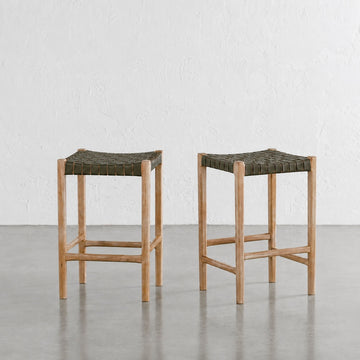 BREDENE WOVEN LEATHER COUNTER STOOL  |  OLIVE MOSS + BLONDE WOOD