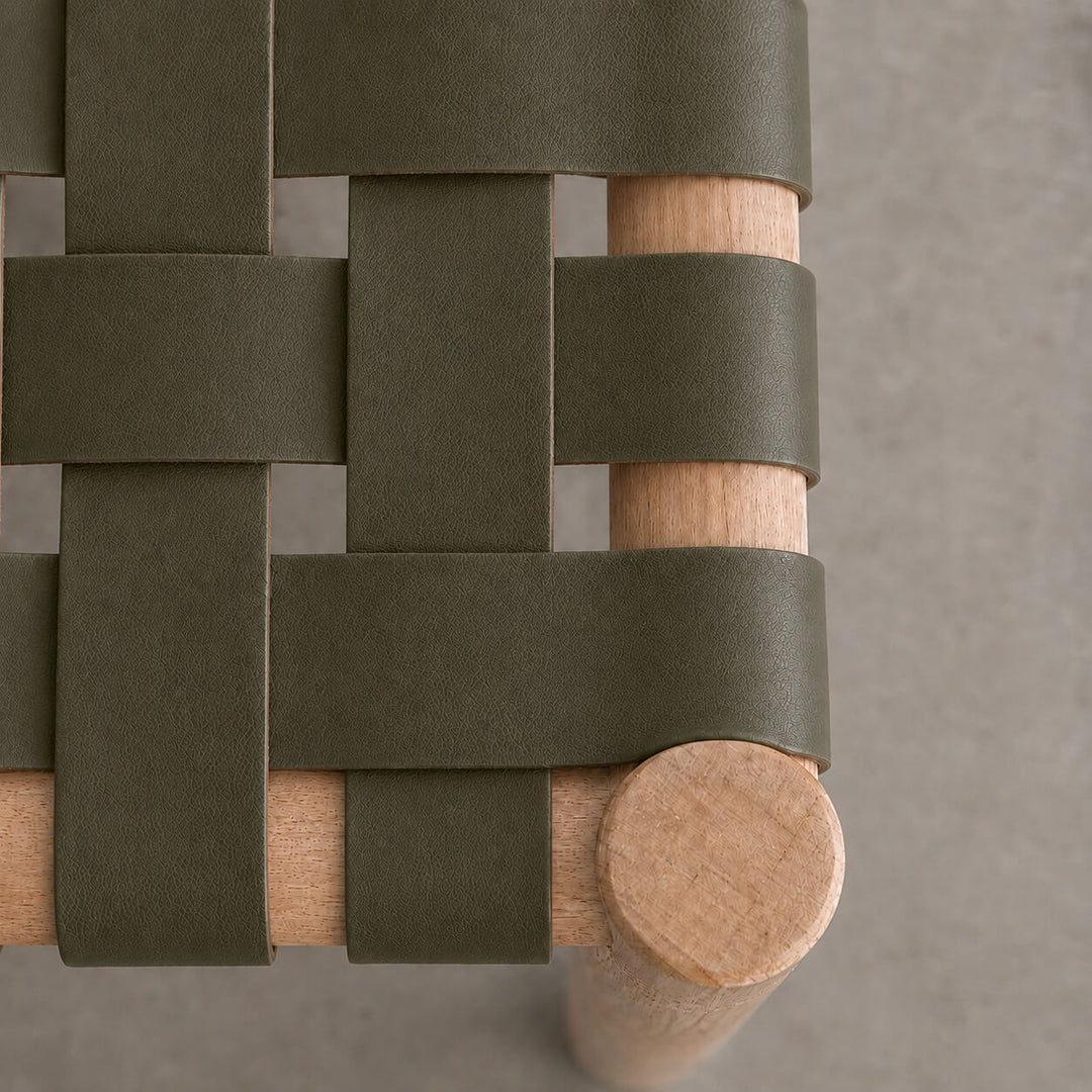 BREDENE WOVEN LEATHER COUNTER STOOL  |  OLIVE MOSS + BLONDE WOOD