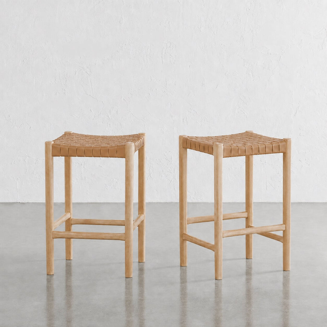 BREDENE WOVEN LEATHER COUNTER STOOL  |  TAUPE STONE + BLONDE WOOD