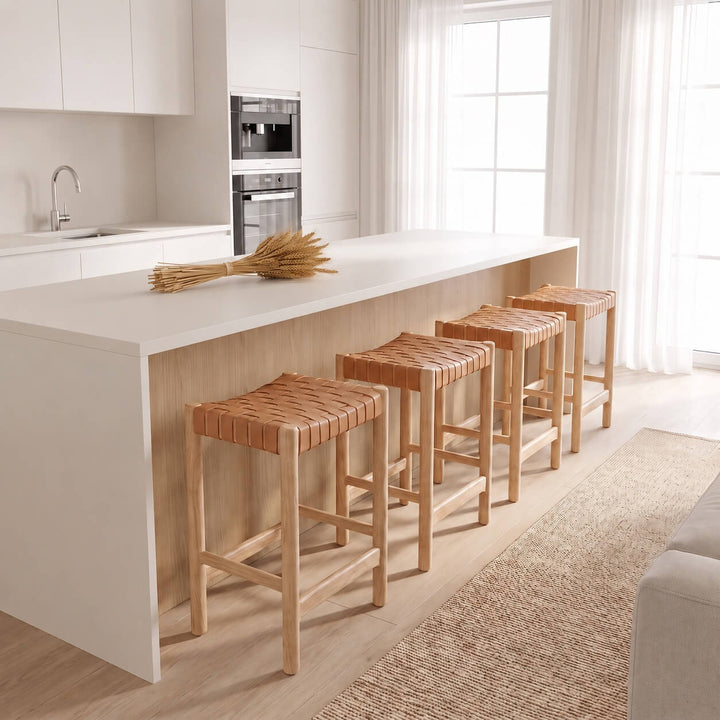 BREDENE WOVEN LEATHER COUNTER STOOL  |  TAUPE STONE + BLONDE WOOD