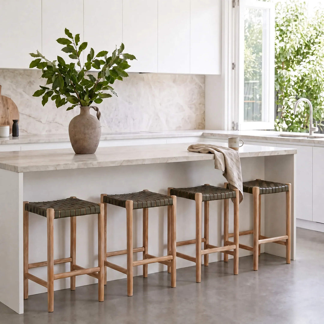 BREDENE WOVEN LEATHER COUNTER STOOL  |  OLIVE MOSS + BLONDE WOOD