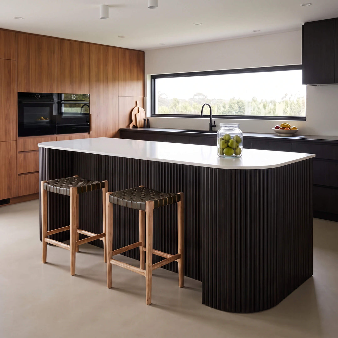 BREDENE WOVEN LEATHER COUNTER STOOL  |  OLIVE MOSS + BLONDE WOOD
