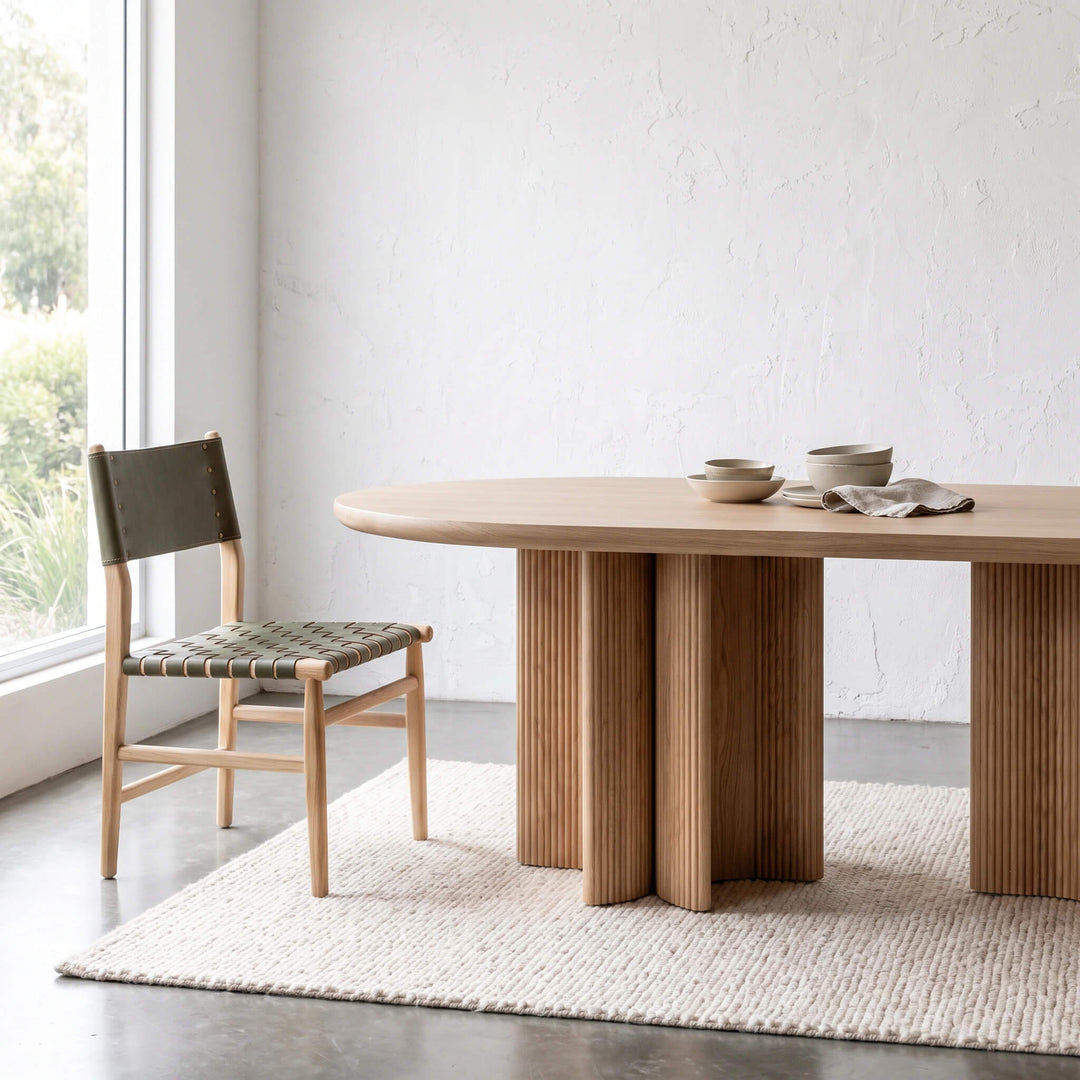 BREDENE WOVEN LEATHER DINING CHAIR  |  OLIVE MOSS LEATHER + BLONDE WOOD