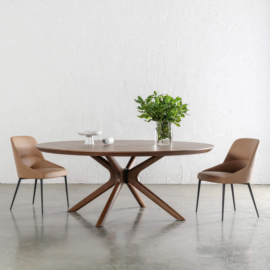 CARTER VEGAN LEATHER DINING CHAIR  |  SADDLE TAN + BRETON DINING TABLE