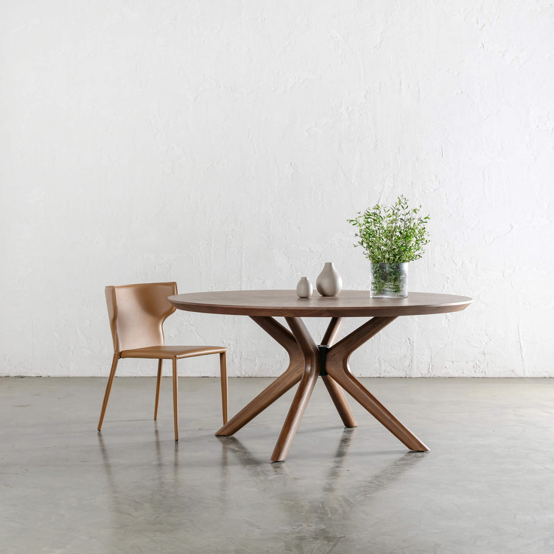 CAYDEN MID CENTURY VEGAN LEATHER DINING CHAIR | SADDLE TAN + BRETON DINING TABLE