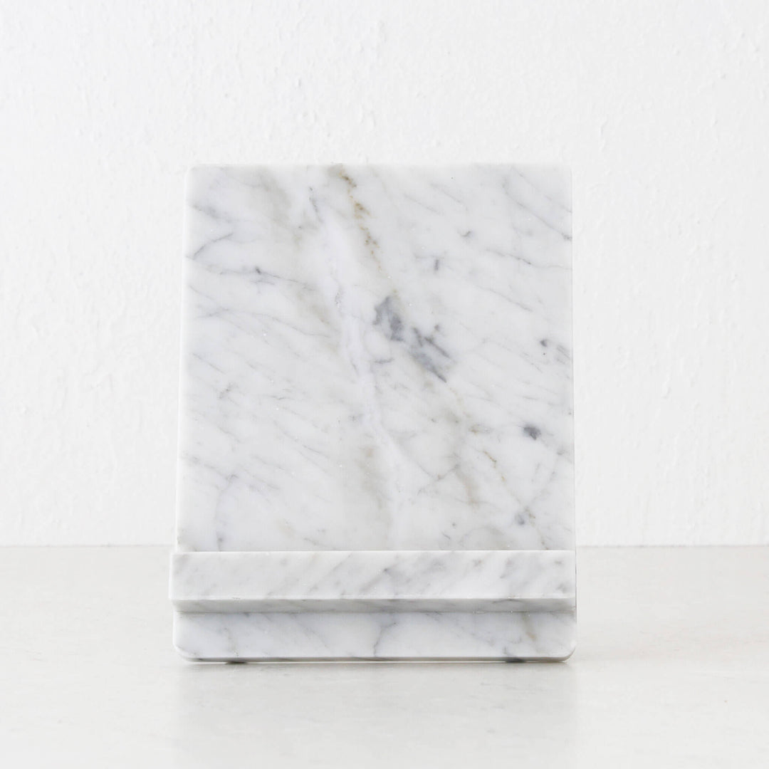 CAMERO MARBLE IPAD + COOKBOOK RECIPE STAND  |  CARRARA WHITE MARBLE