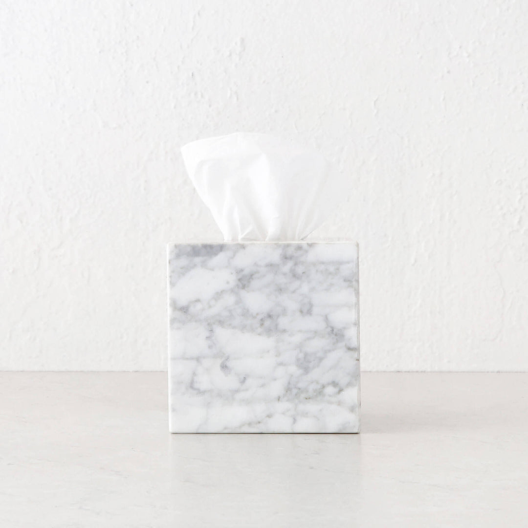 CAMERO MARBLE SQUARE TISSUE BOX  |  CARRARA WHITE MARBLE