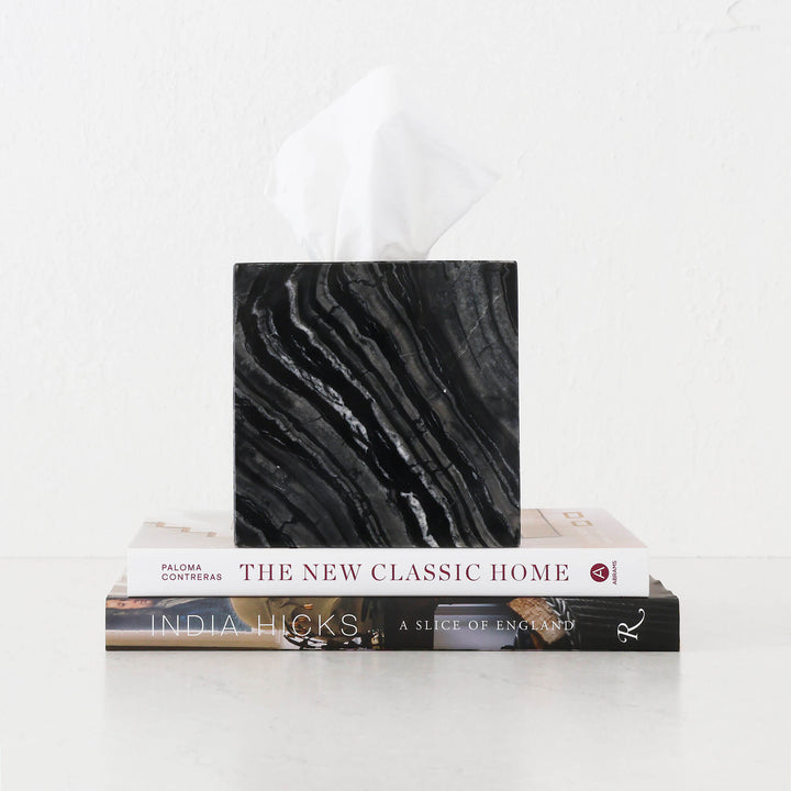 CAMERO MARBLE SQUARE TISSUE BOX  |  EMAS DARK GREY MARBLE
