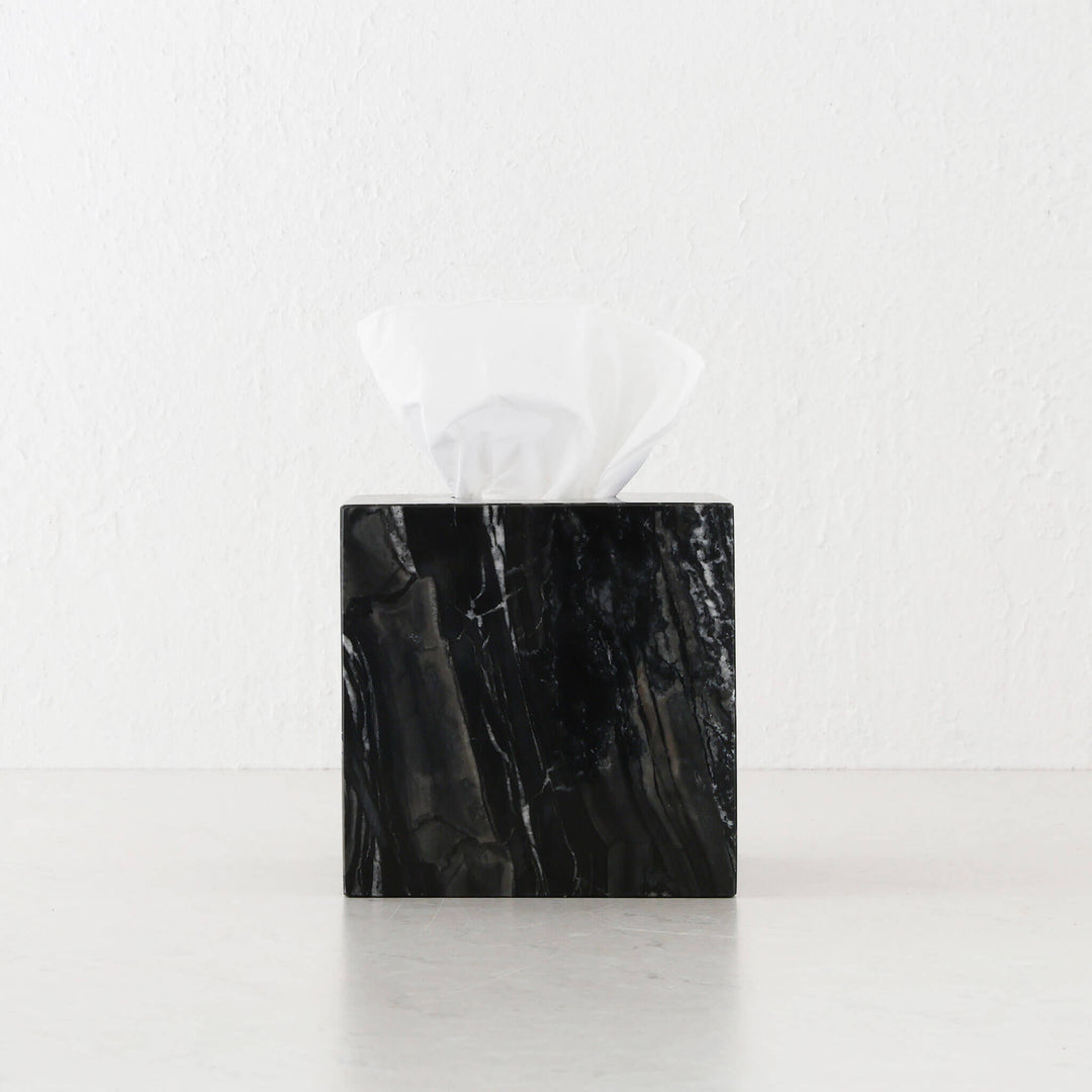 CAMERO MARBLE SQUARE TISSUE BOX  |  EMAS DARK GREY MARBLE
