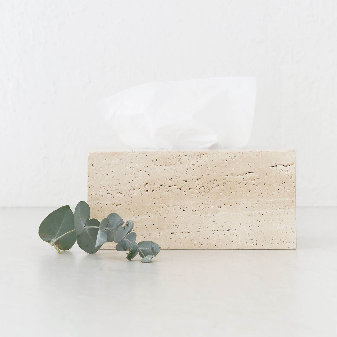 CAMERO STONE RECTANGLE TISSUE BOX  |  NATURAL BEIGE TRAVERTINE