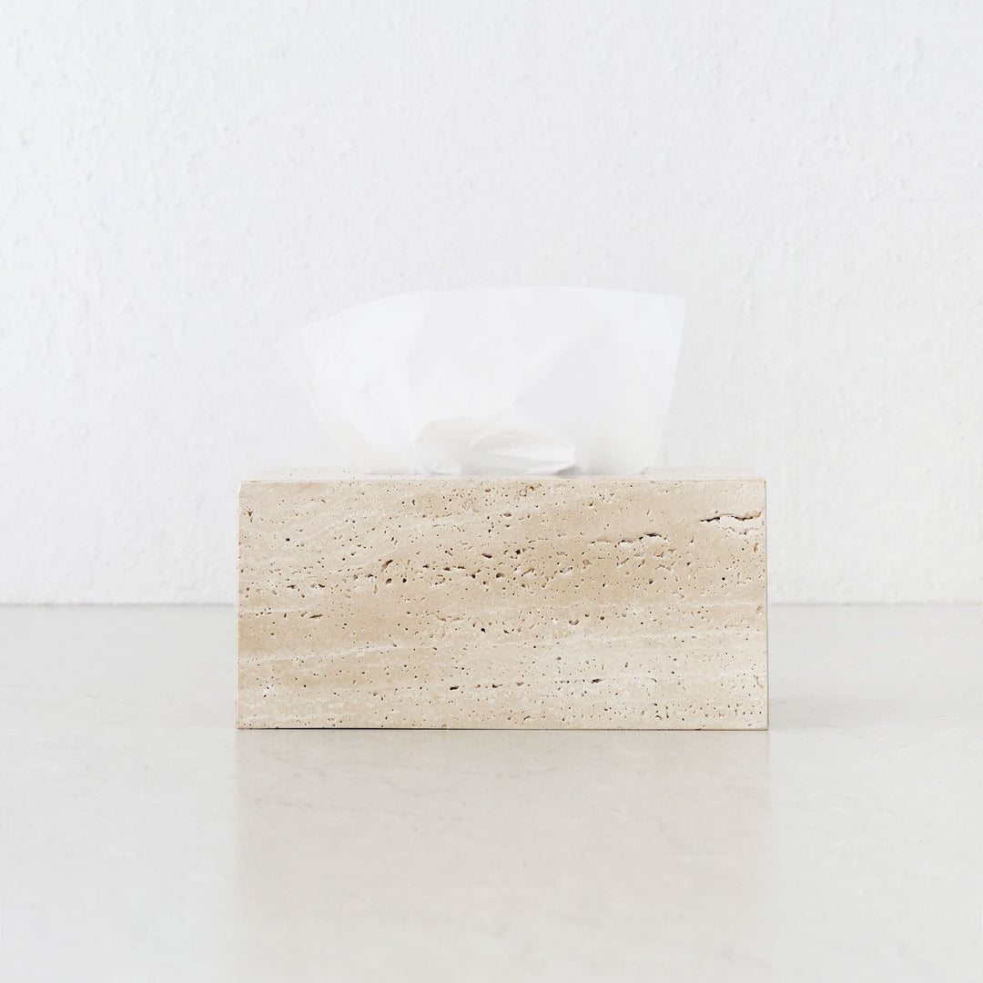 CAMERO STONE RECTANGLE TISSUE BOX  |  NATURAL BEIGE TRAVERTINE