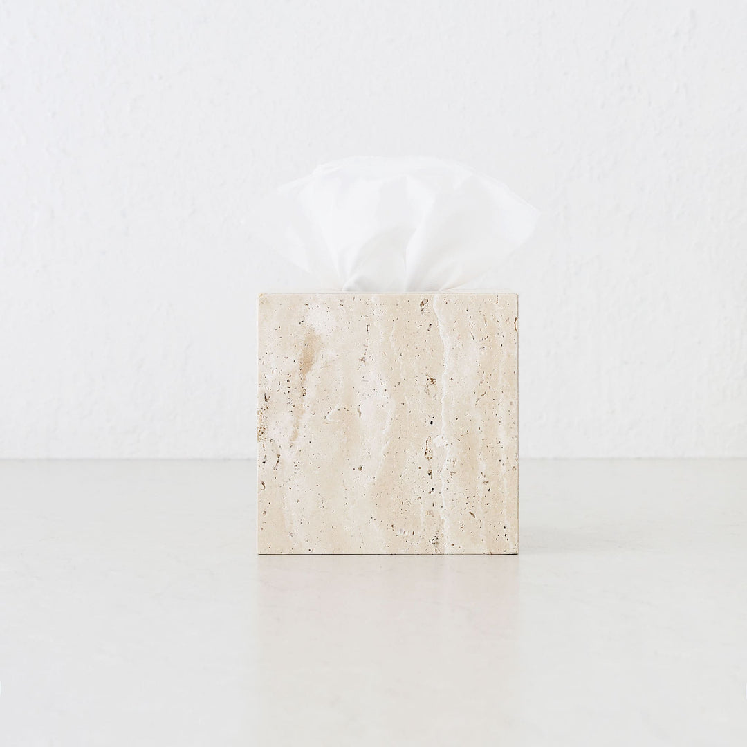 CAMERO STONE SQUARE TISSUE BOX  |  NATURAL BEIGE TRAVERTINE
