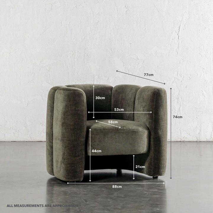 CAMPOS CURVED ARMCHAIR  |  DEEP BRUNSWICK GREEN | MEASUREMENTS