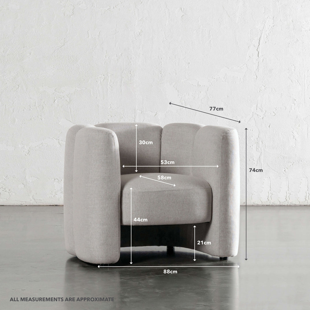 CAMPOS CURVED ARMCHAIR  |  JOVAN DOVE NATURAL | MEASUREMENTS