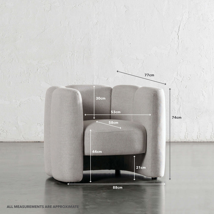 CAMPOS CURVED ARMCHAIR  |  JOVAN DOVE NATURAL | MEASUREMENTS