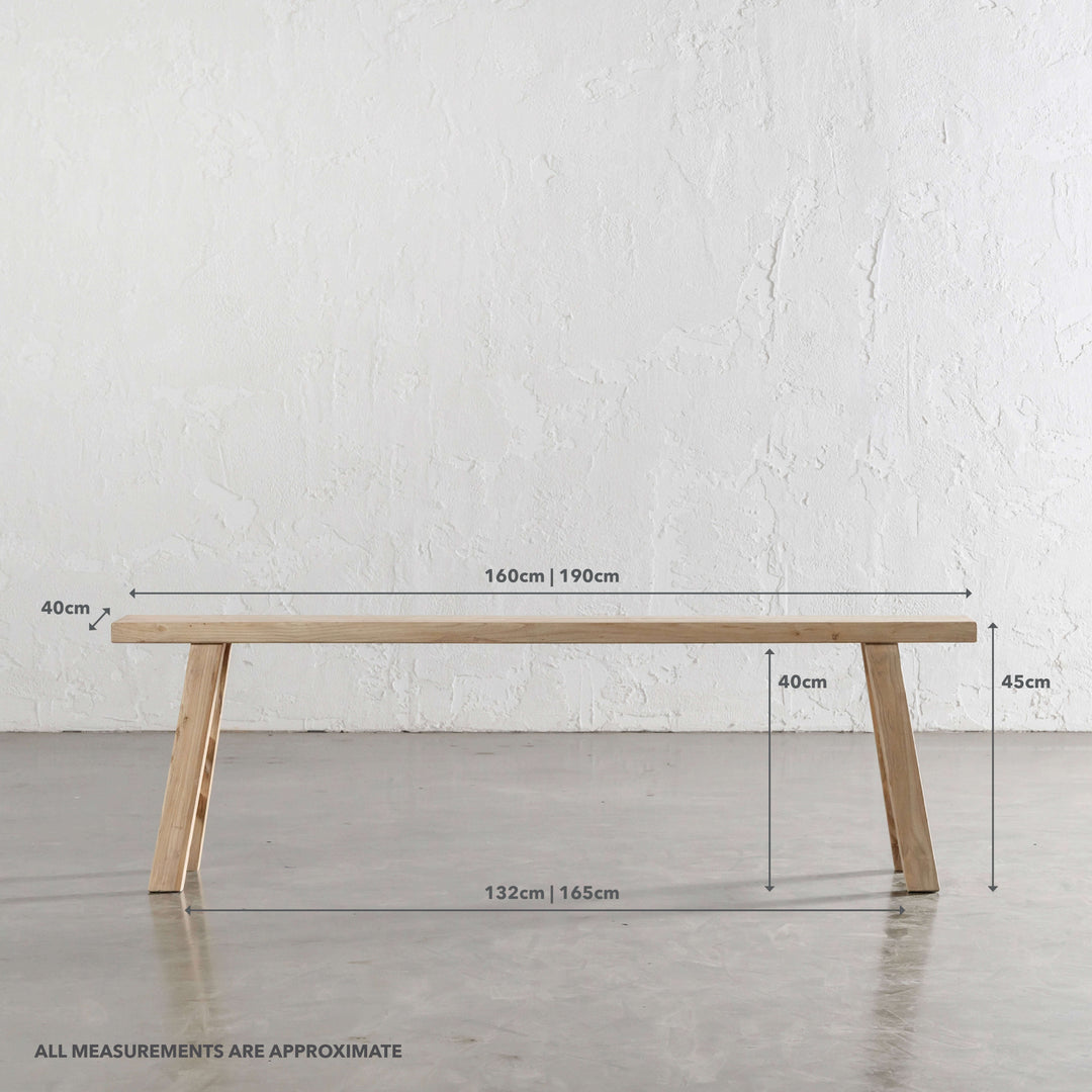 CAPRETTA ELM BENCH  |  160CM + 190CM  |  BLEACHED BRISTLE | MEASUREMENTS