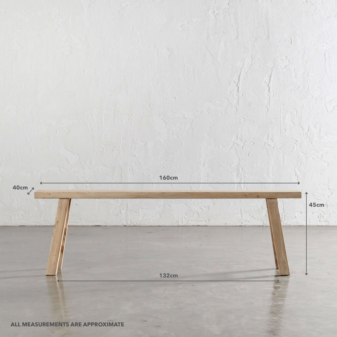CAPRETTA SLIM ELM BENCH  |  160CM  |  BLEACHED BRISTLE | MEASUREMENTS