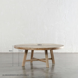 CAPRETTA ELM ROUND COFFEE TABLE | 120CM | BLEACHED BRISTLE | MEASUREMENTS