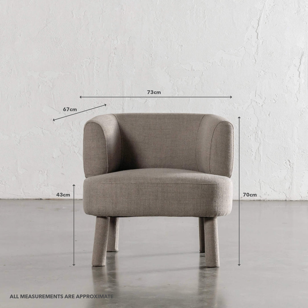 CARSON ATINA ROUNDED ARMCHAIR | TAUPE BASKET WEAVE | MEASUREMENTS