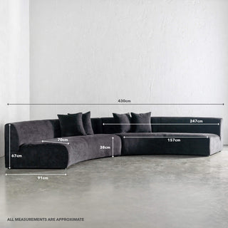 CARSON CONTEMPO CURVED 2 PCE SOFA  |  BLACK NOIR TEXTURED VELOUR | MEASUREMENTS