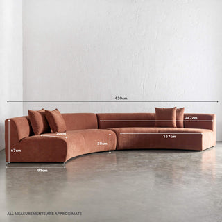 CARSON CONTEMPO CURVED 2 PCE SOFA | TERRA RUST TEXTURED VELOUR | MEASUREMENTS