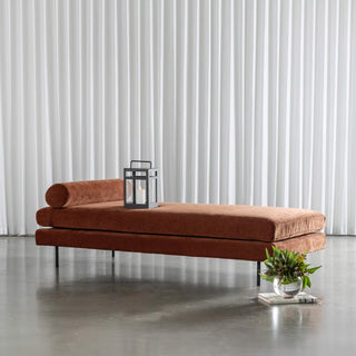 CARSON CONTEMPO RIBBED DAY BED | TERRA RUST TEXTURED VELOUR | STYLED