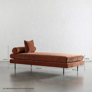 CARSON CONTEMPO RIBBED DAY BED | TERRA RUST TEXTURED VELOUR | MEASUREMENTS