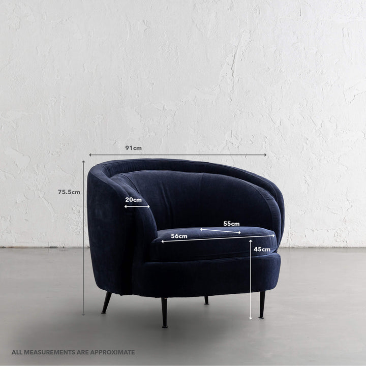 CARSON CURVE ARMCHAIR | MIDNIGHT INK TEXTURED VELOUR | MEASUREMENTS