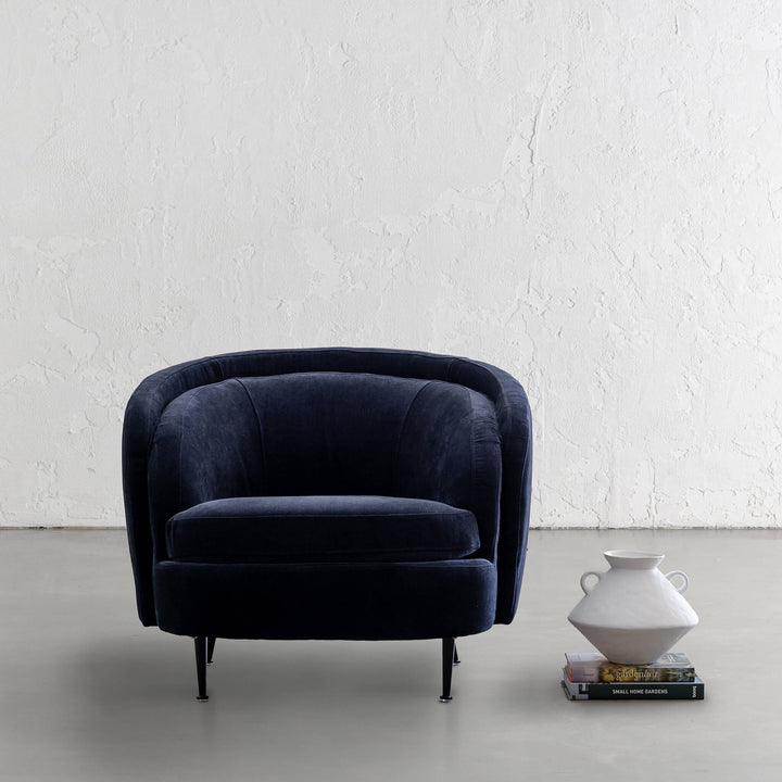 CARSON CURVE ARMCHAIR | MIDNIGHT INK TEXTURED VELOUR | STYLED