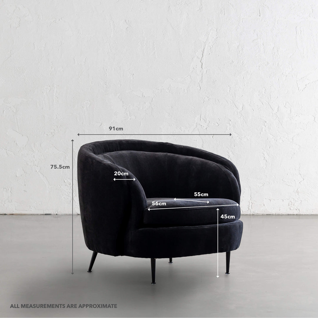 CARSON CURVE ARMCHAIR | NOIR BLACK TEXTURED VELOUR | MEASUREMENTS