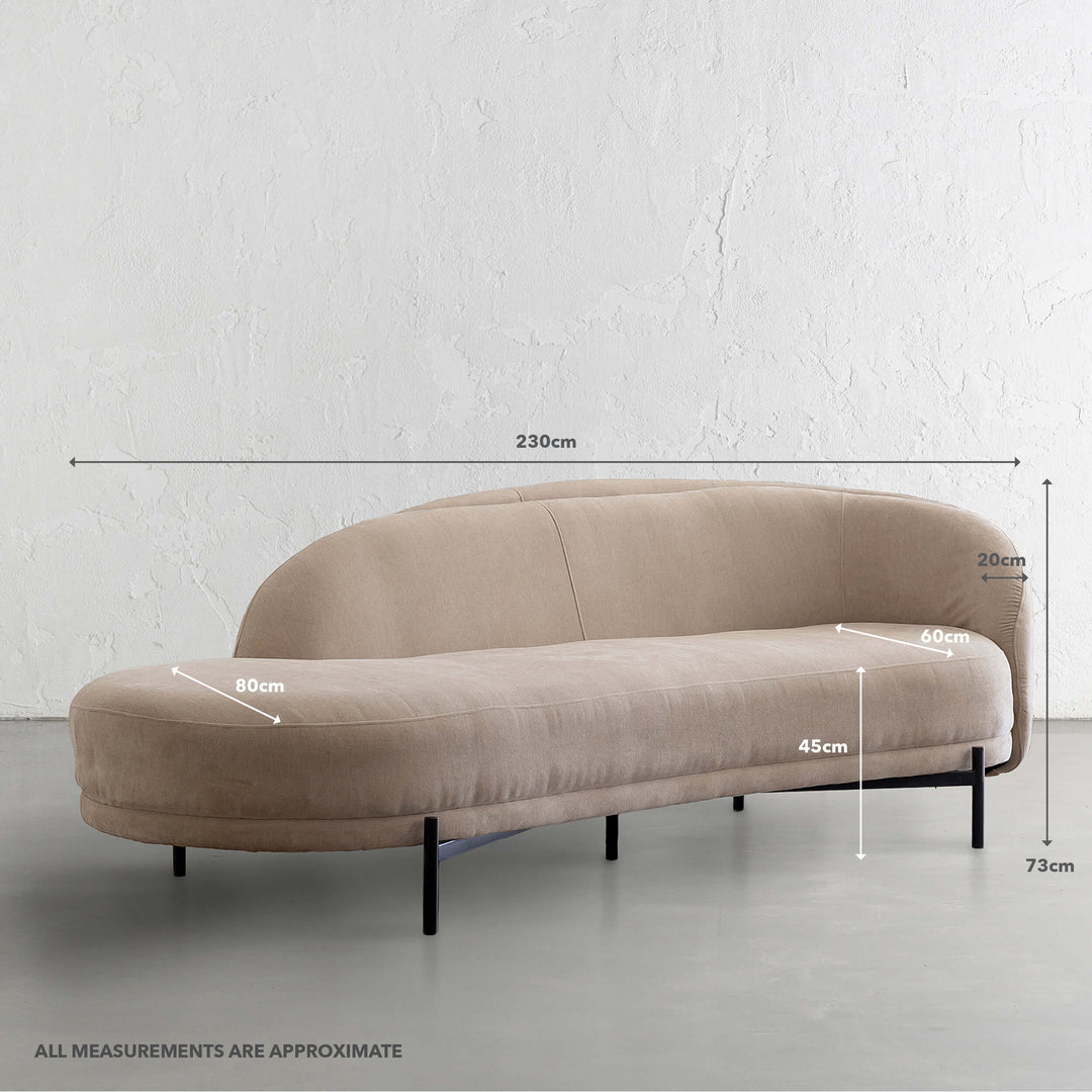 CARSON CURVE DAYBED SOFA  |  DESERT SAND TEXTURED VELOUR | MEASUREMENTS