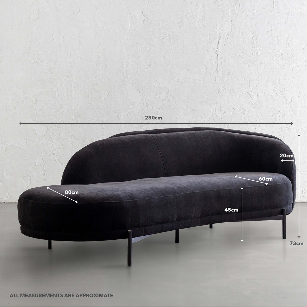 CARSON CURVE DAYBED SOFA | NOIR BLACK TEXTURED VELOUR | MEASUREMENTS