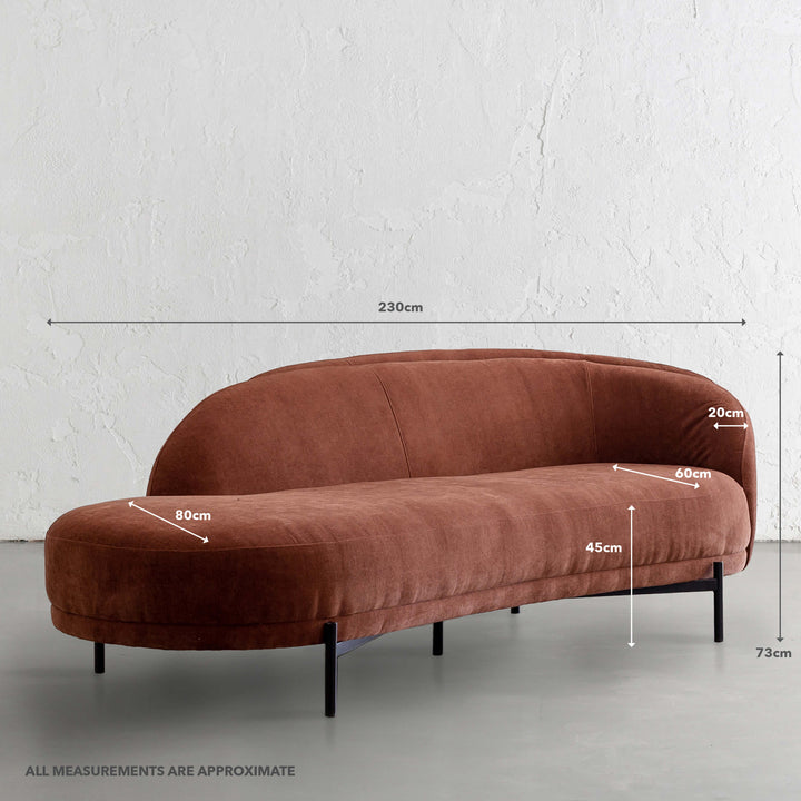 CARSON CURVE DAYBED SOFA | TERRA RUST TEXTURED VELOUR | MEASUREMENTS