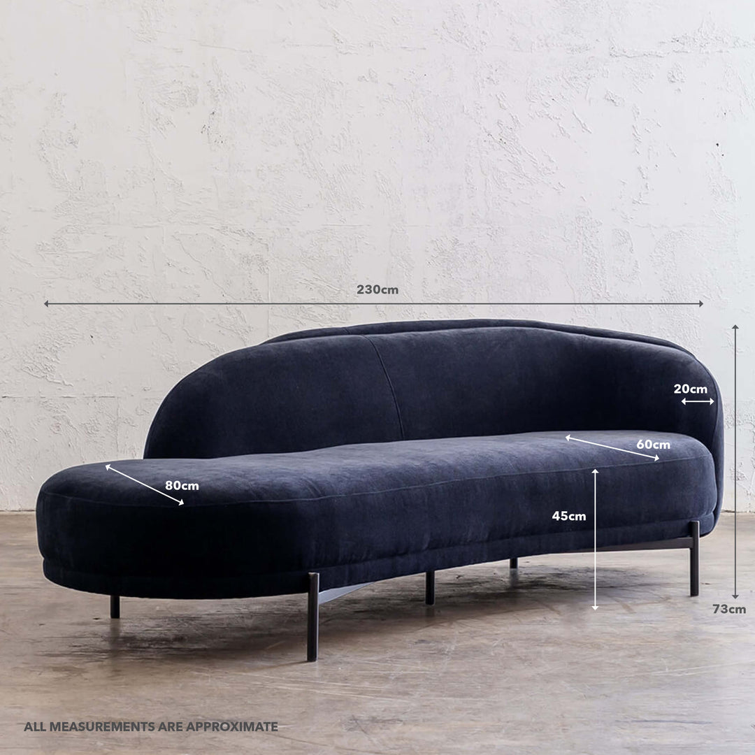 CARSON CURVE DAYBED SOFA | MIDNIGHT INK TEXTURED VELOUR | MEASUREMENTS