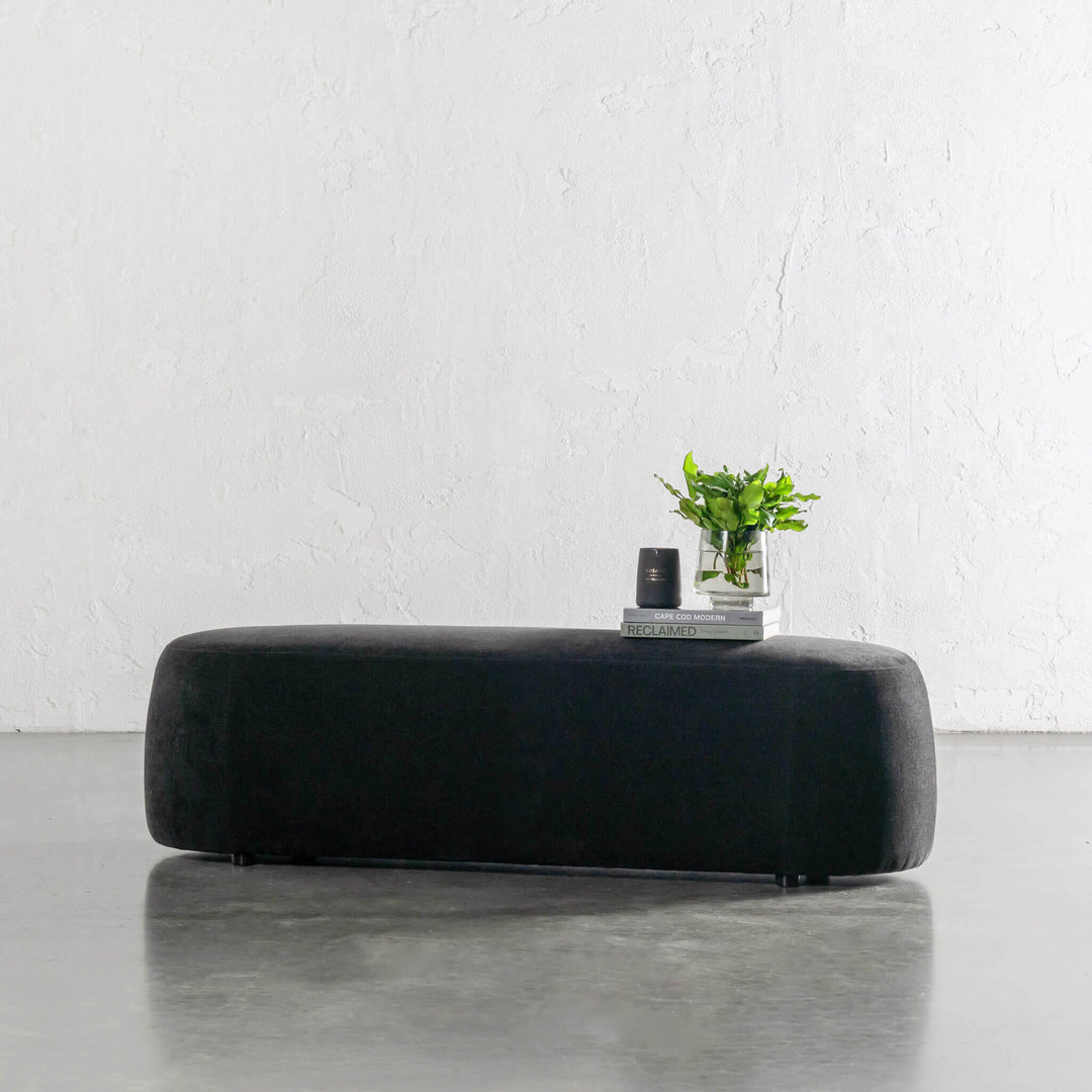 CARSON CURVED SLIM BENCH OTTOMAN | LG 160CM | NOIR BLACK TEXTURED VELOUR